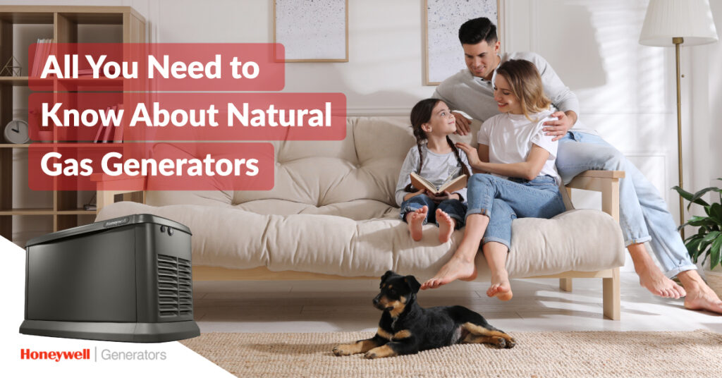 Happy Family of Three and Their Dog at Their Living Room with Natural Gas Generator Unit and Honeywell Generators Logo